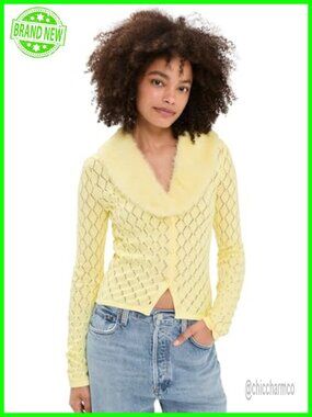 Lightweight Pointelle Knit Cardigan with Detachable Faux Fur Collar